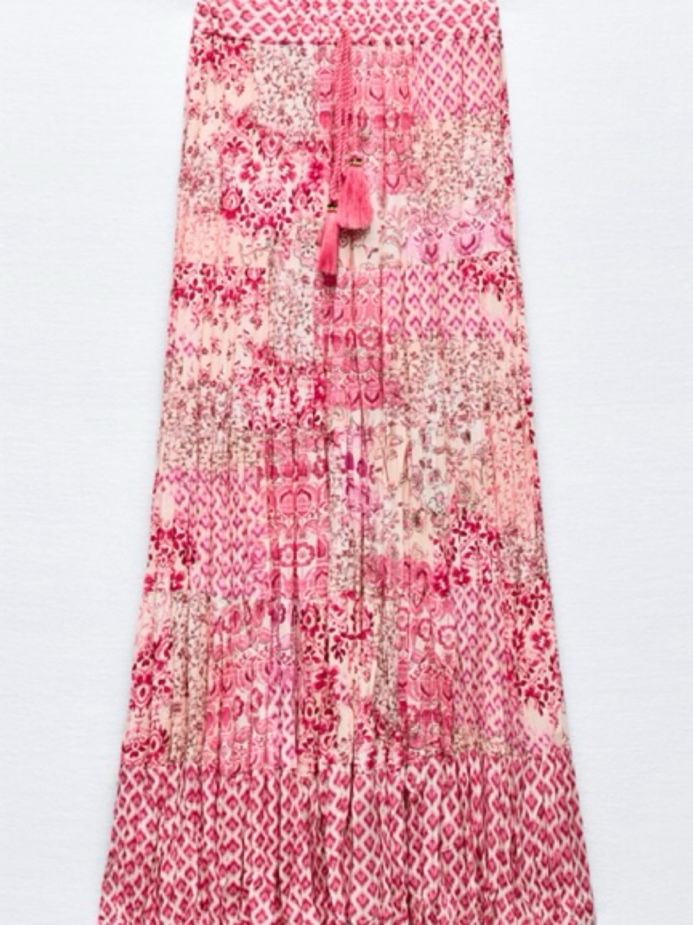 Zara Pink Floral Tassel Tiered Maxi Skirt